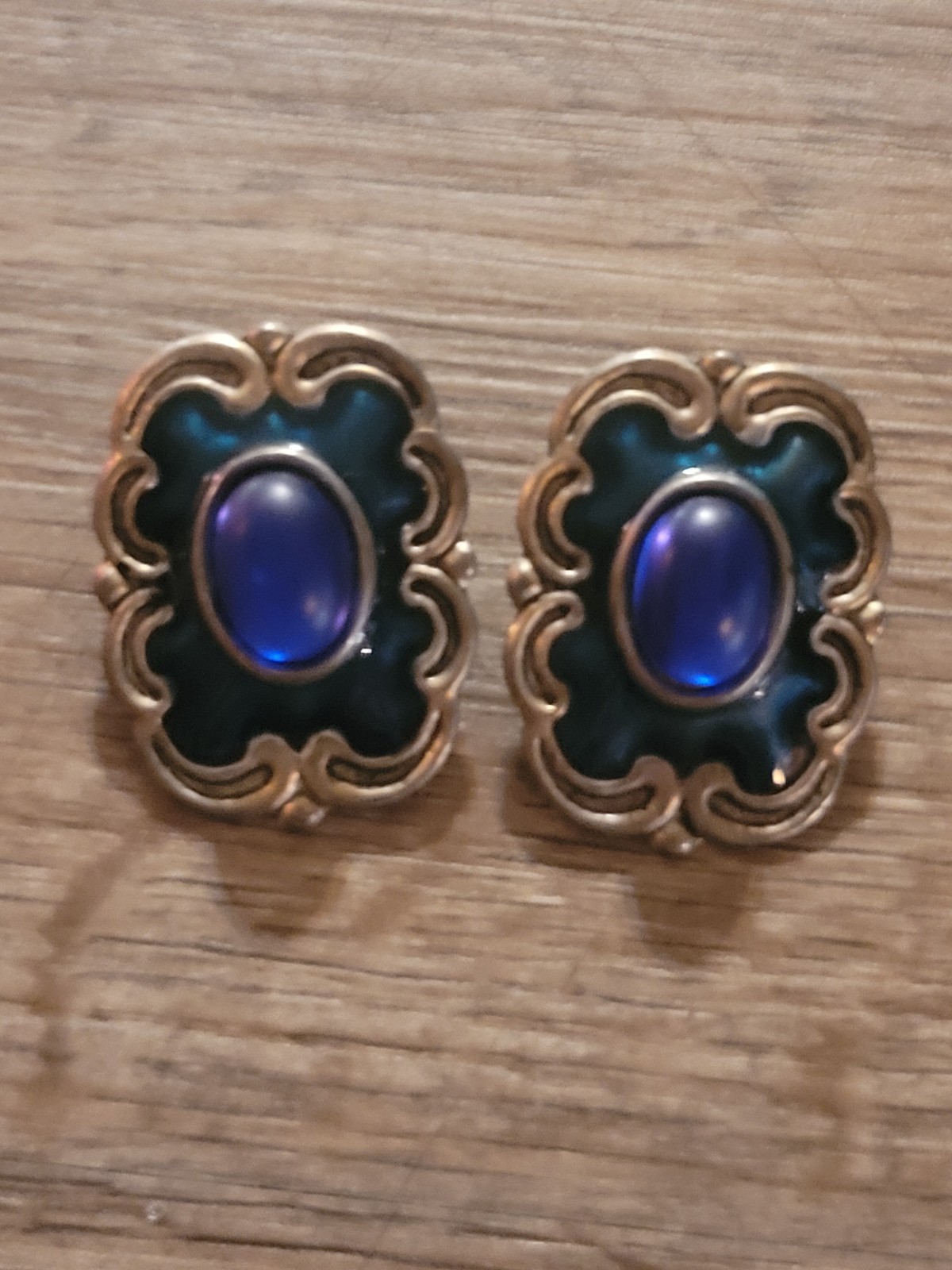 vintage Earrings,blue cabochons gold-tone metal enamel mid-20th-century styles.