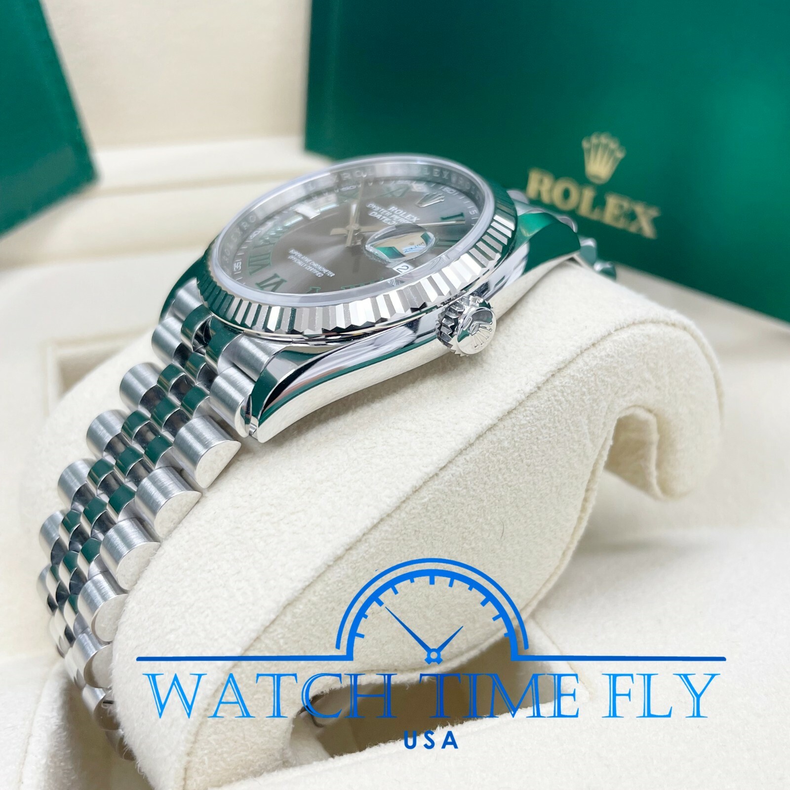 Rolex 126234 Steel Datejust 36 Fluted Bezel Wimbledon Rhodium Roman Dial Jubilee