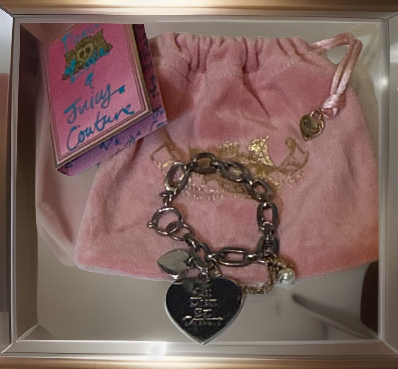 Y2K Juicy Couture LET THEM EAT COUTURE Pearl Heart Charm Bracelet Silver Tone