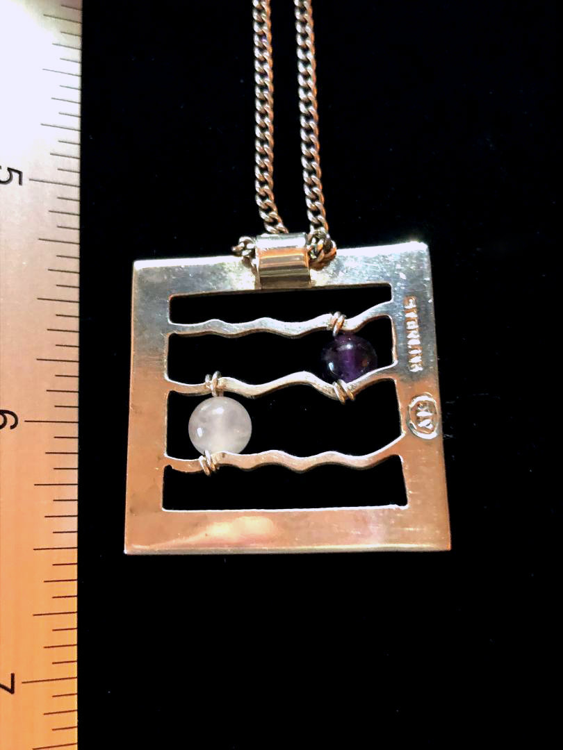 Vintage Signed SK Sterling 925 Pendant Necklace MODERNIST Amethyst Quartz 24″ L