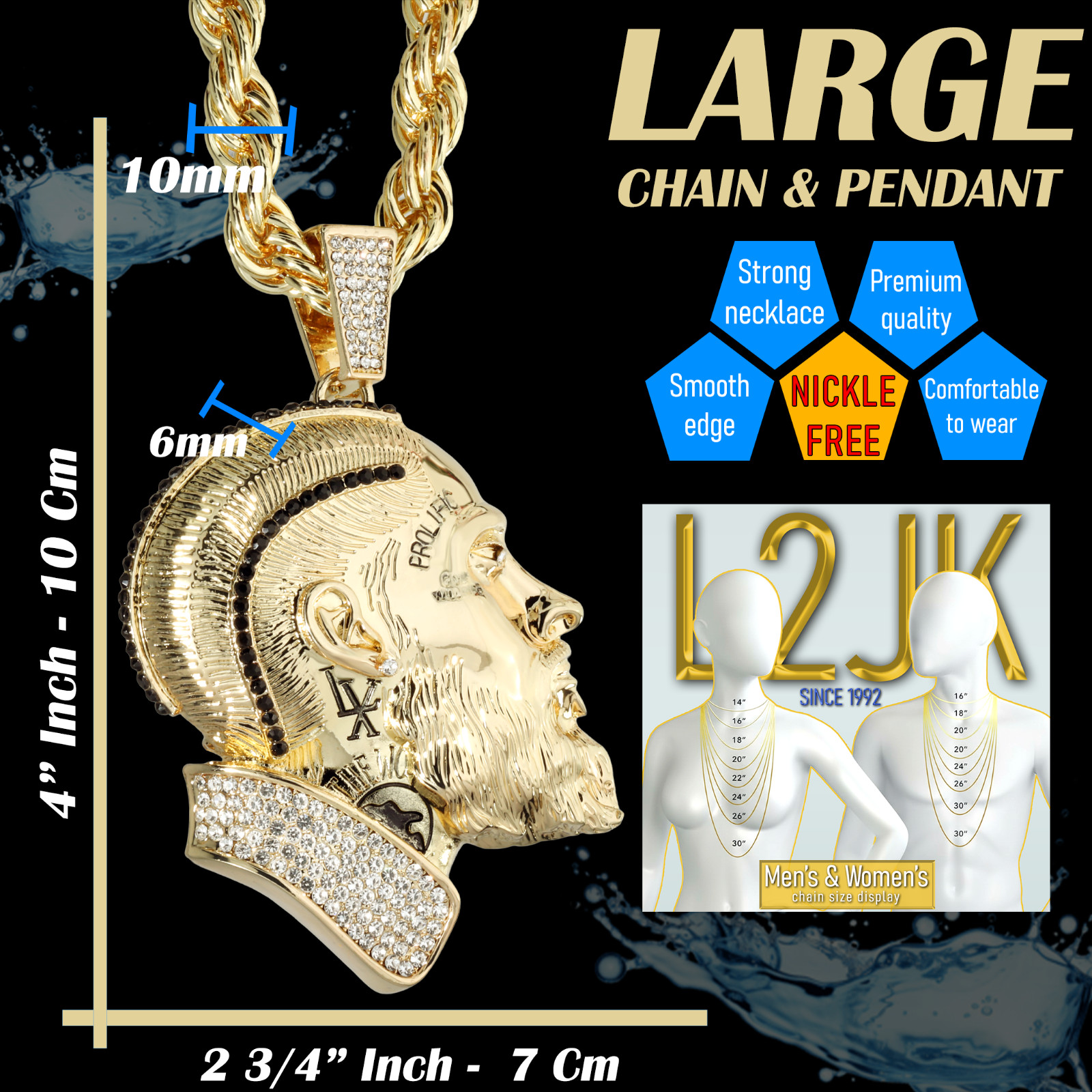 14K Rope Chain 10mm 20″ & 24″In | Large Face Prolific Hussle Gold Plated Hip Hop