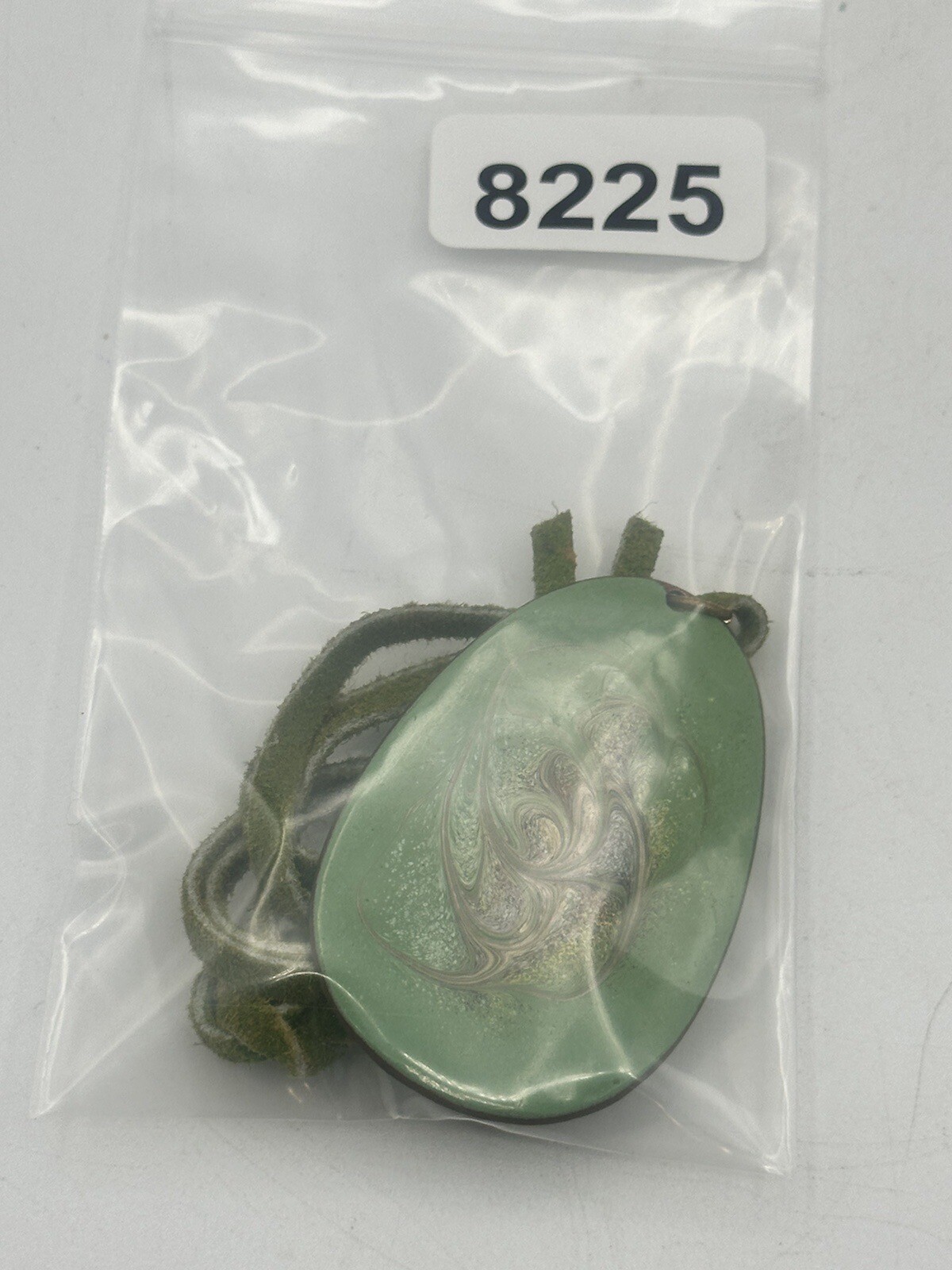 Wearable Art Necklace Enamel On Metal Pendant Dual Sided On Green Leather