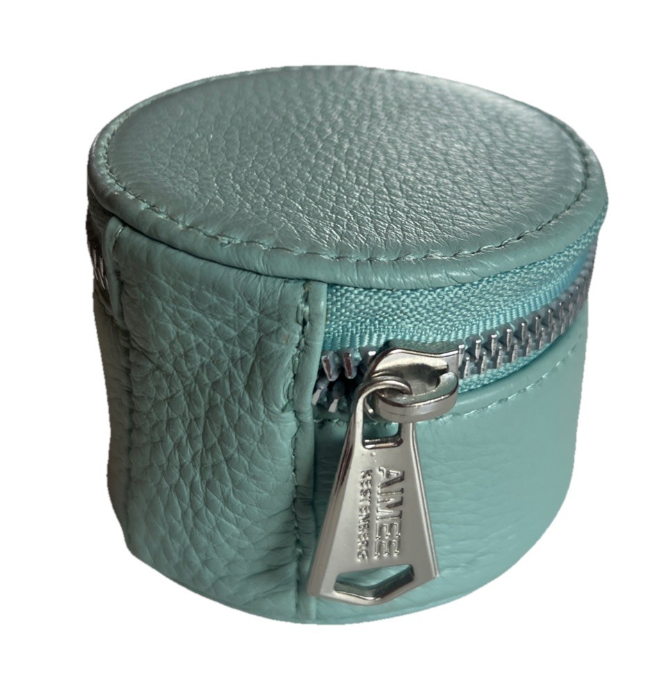 AIMEE Kestenberg Pale Blue Round Leather Silver Zip Compact Travel Jewelry Case