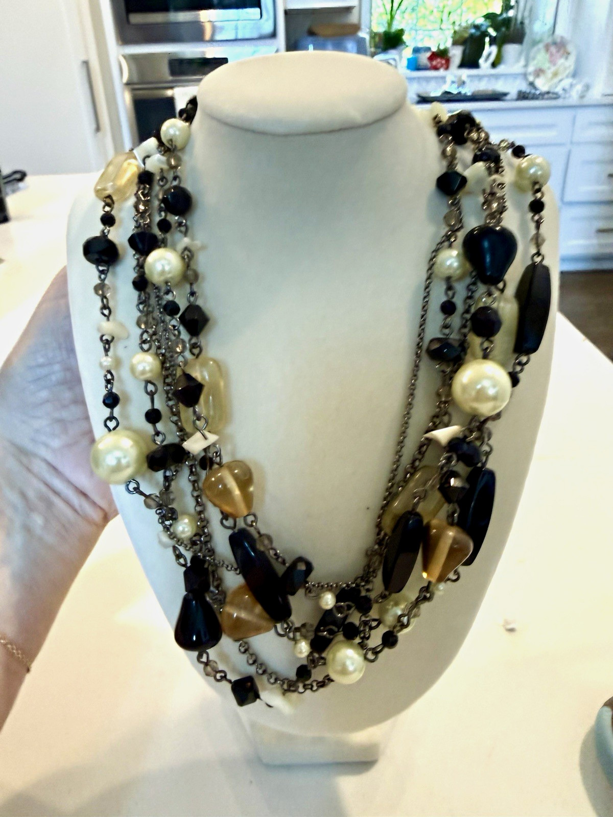 Layered Multi-Strand Black White Gold Beaded Necklace, Imitation Pearl, Lobster