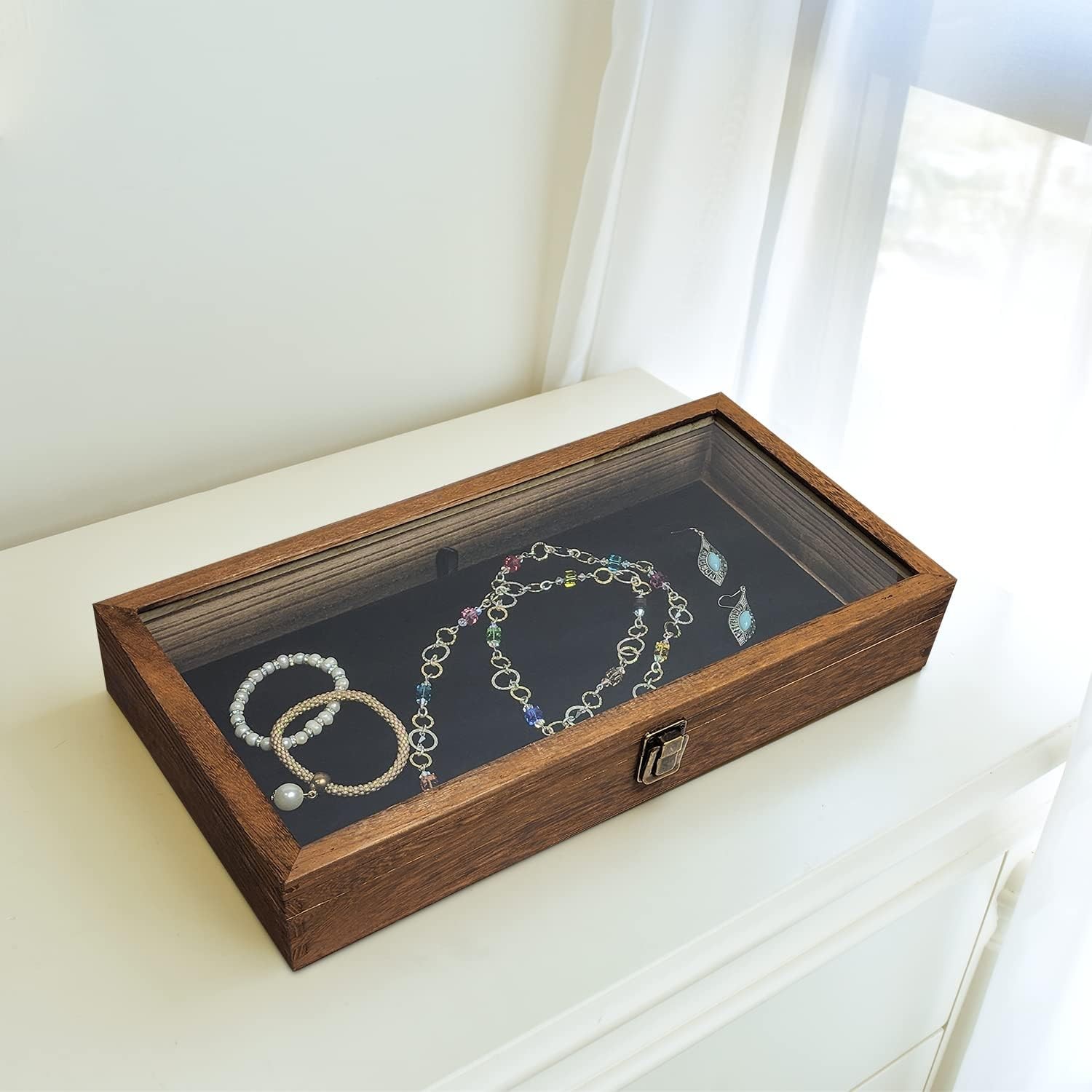 Gun Display Case Brown Wood Handgun Pistol Revolver Glass Lock Knife Shadow Box