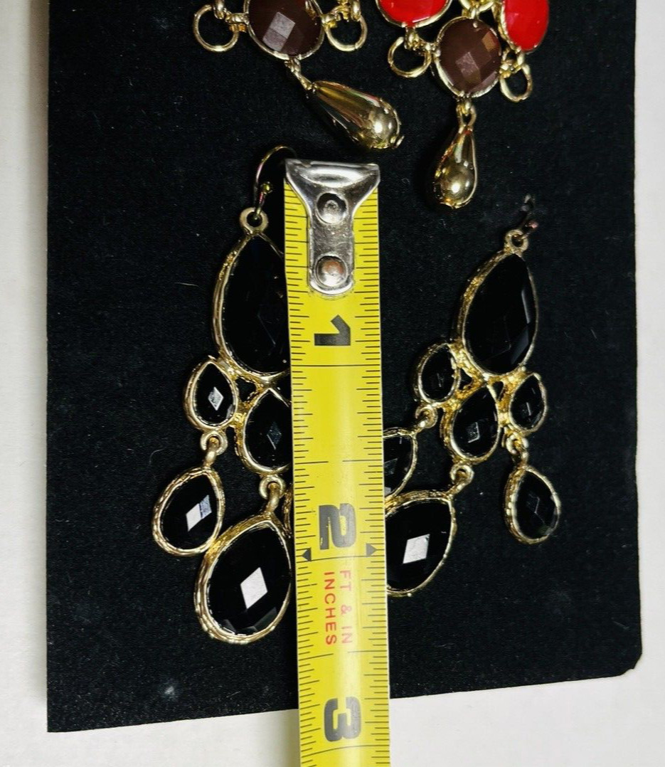 Modern Southwestern Hook Earring Set of 2 Red Black Gold Tone Chandelier 2-2.25″
