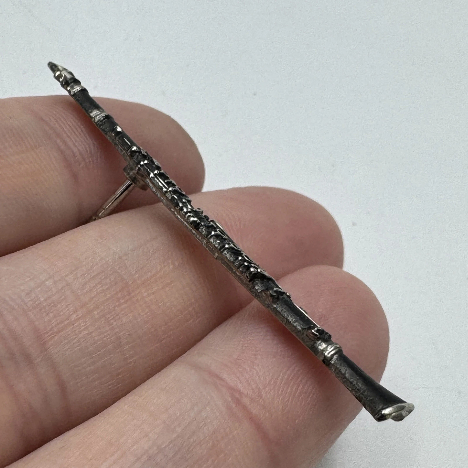 Future Primitive Clarinet Brooch Pin Silver Tone Metal Oxidized Used Musician
