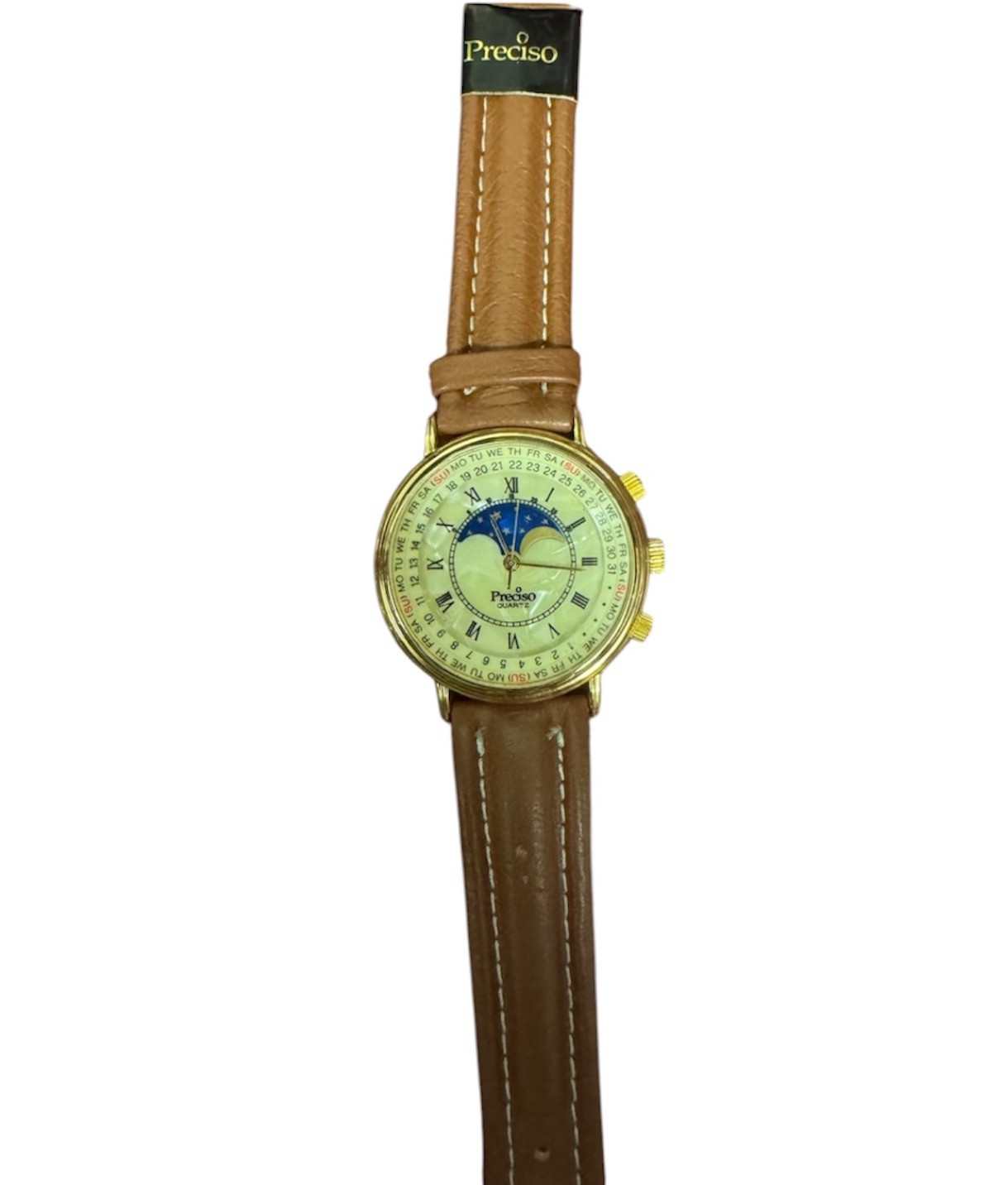 Preciso Quartz Calendar Moon Phase Quartz Watch Hour Unisex Mother of Pearl Dial