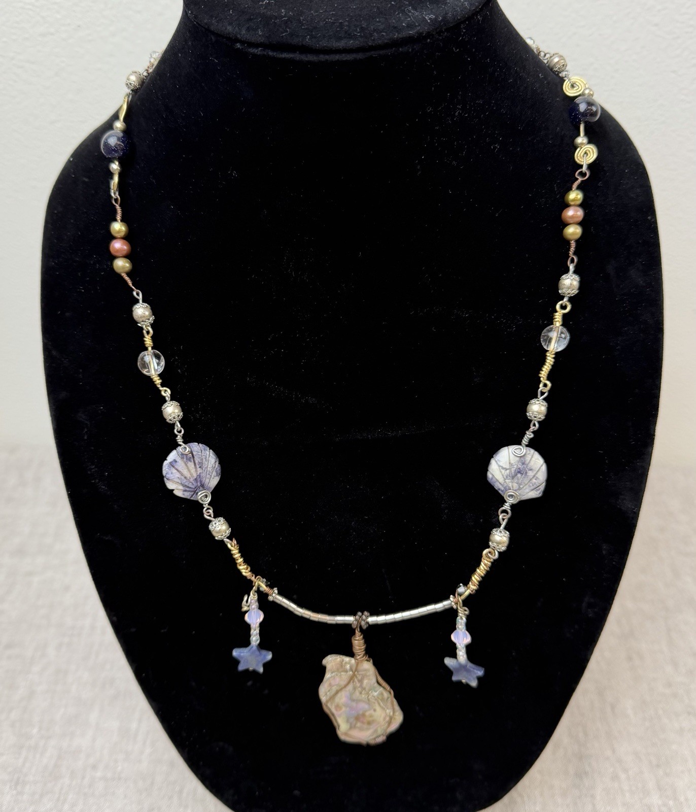OOAK Artisan Mermaid Whimsical Necklace Mother of Pearl Pendant Stone Shell Star