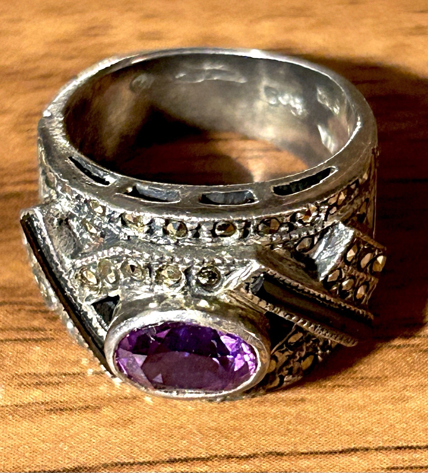 Vintage Wide Band Sterling Ring With Amethyst Marcasite And Onyx Signed Size 6