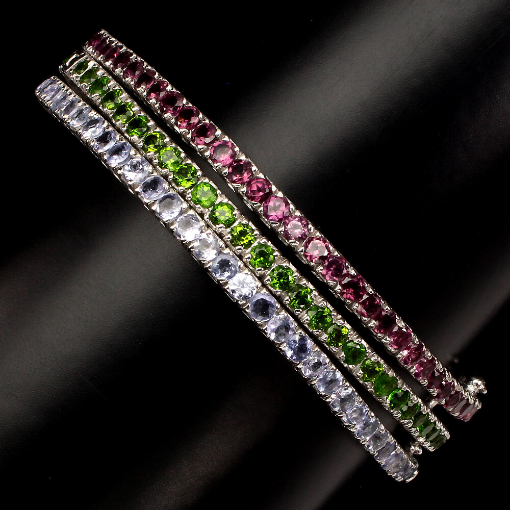 Round 2.5mm Rhodolite Chrome Diopside Tanzanite 925 Sterling Silver Bangle