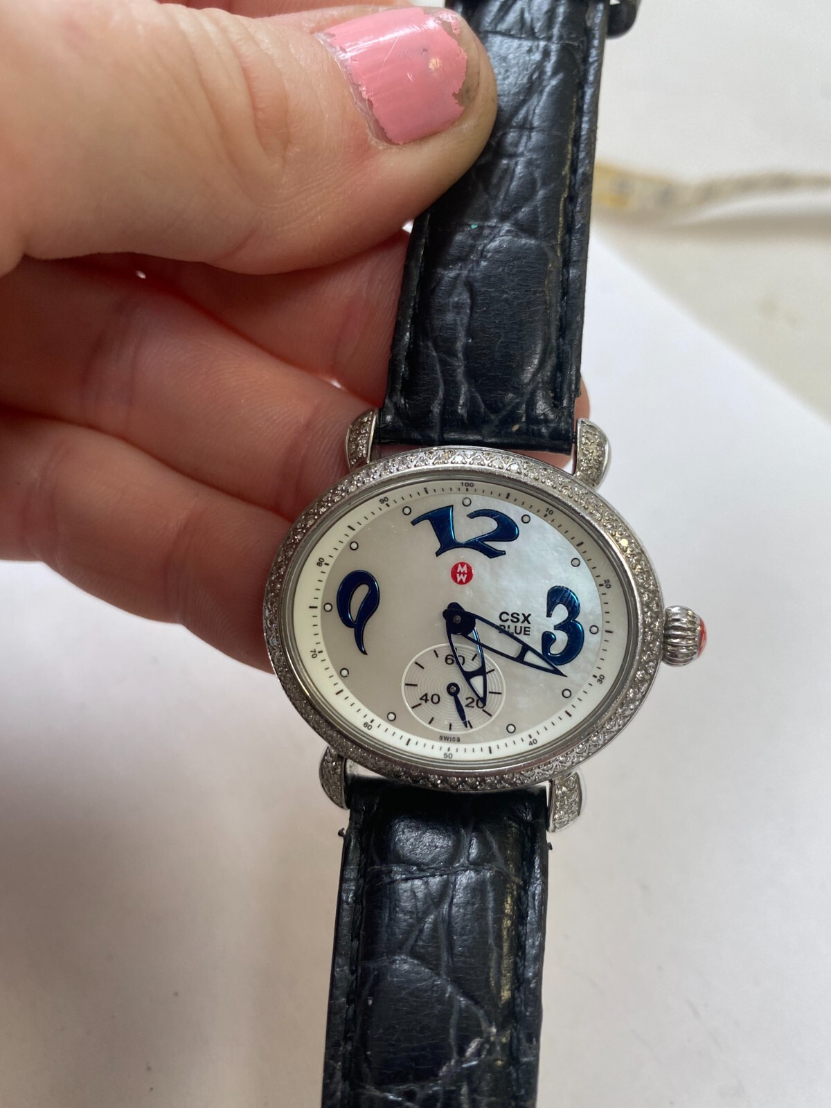 Michele CSX Blue MOP Dial Diamond Bezel 35mm Quartz Watch MW03E01 NEW BATTERY!