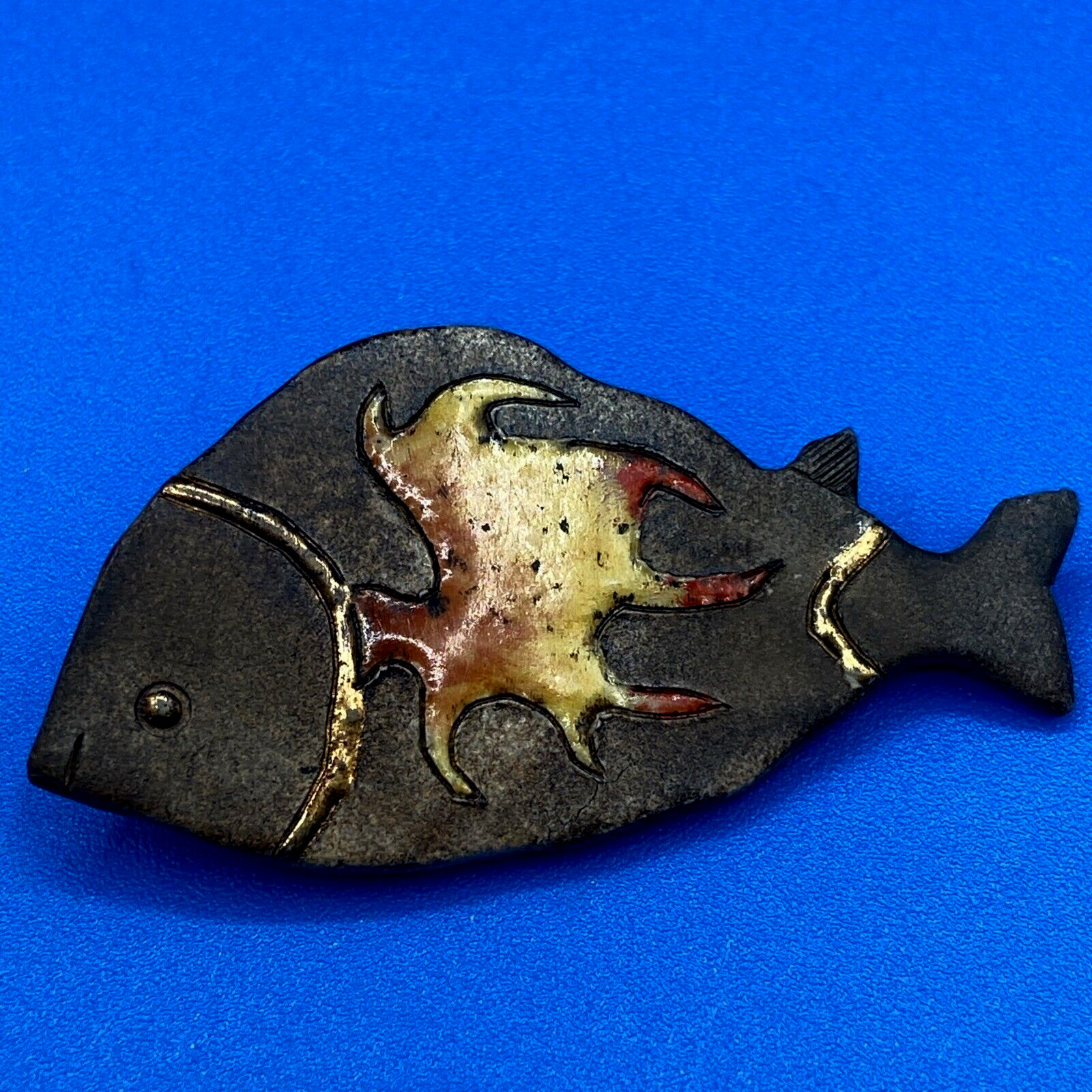 PIN Brooch FISH Artisan made ceramic pottery enamel MCM style brown orange red