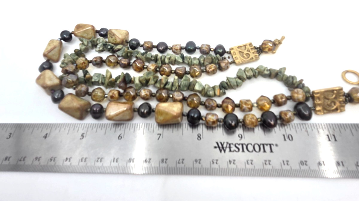 Shane Boyner Multi Strand Gemstone, Glass, Pearl Gold Tone Beaded Necklace