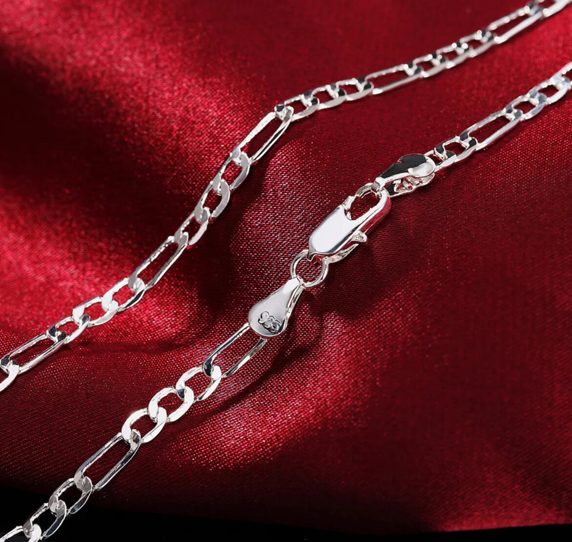 Women’s 925 Sterling Silver 4mm Wide Classic Chain Link Necklace & Bracelet Set
