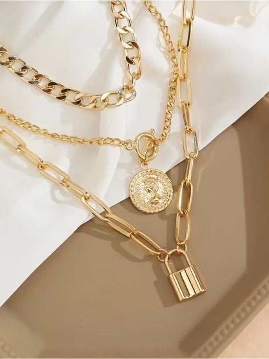 Layered Gold Coin & Padlock Necklace Trio – Women’s Jewelry 3 Necklaces