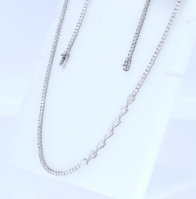 7.7 Ct Round & Pear Cut Moissanite Tennis 18″ Necklace 14K White Gold Pleated