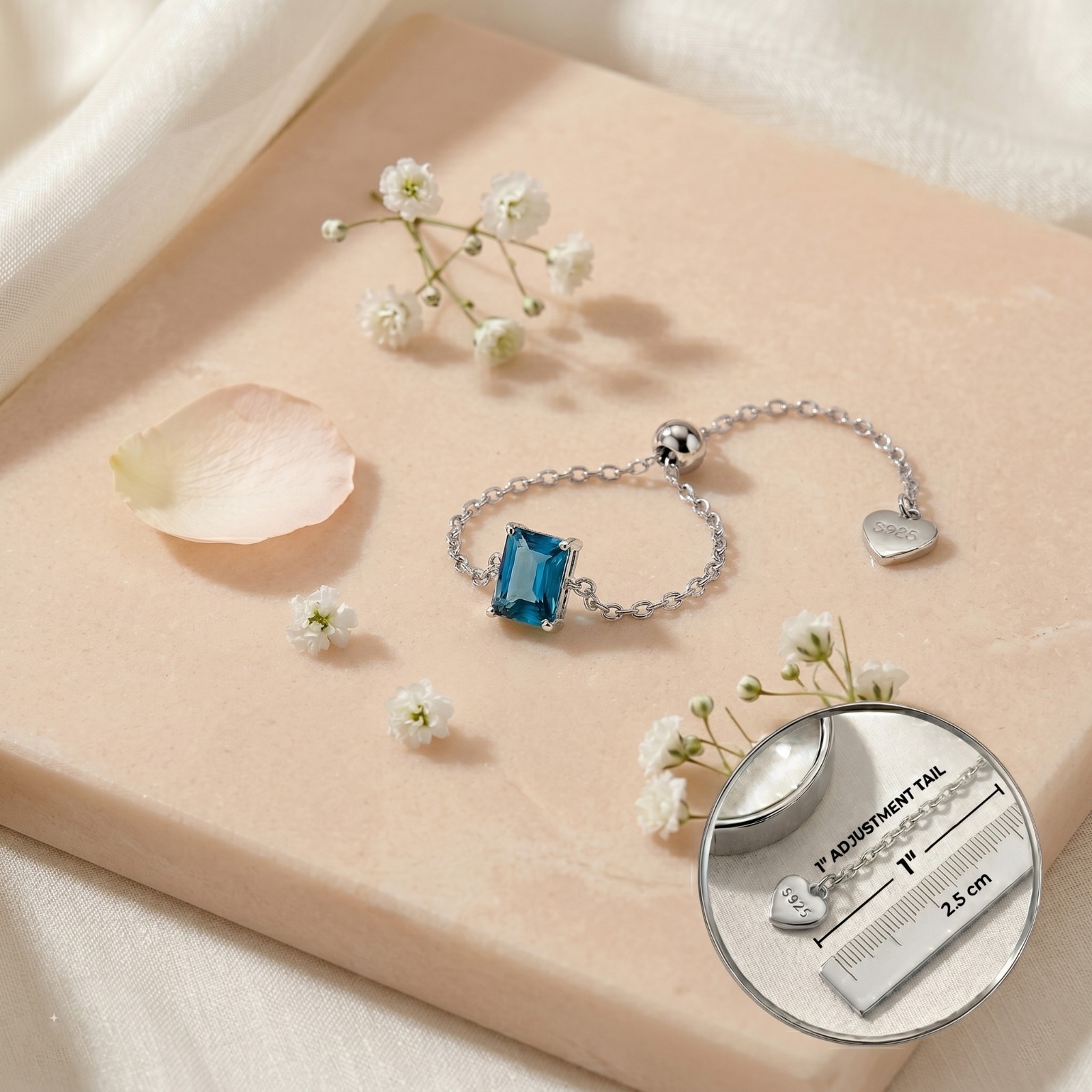 Sterling Silver 925 Blue Topaz Gemstone Slider Chain Ring Adjustable Gift