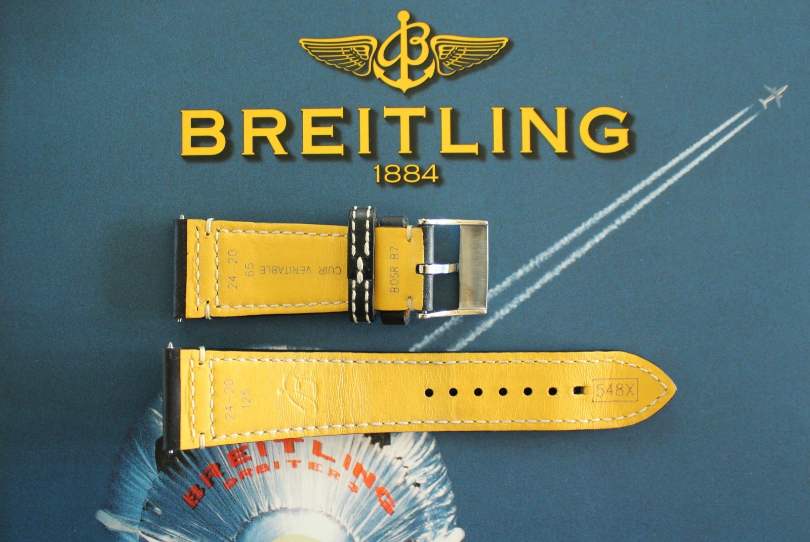 BREITLING 548X 24-20 BLACK AVIATOR TONGUE CALF BUCKLE WATCH BAND WATCHBAND STRAP