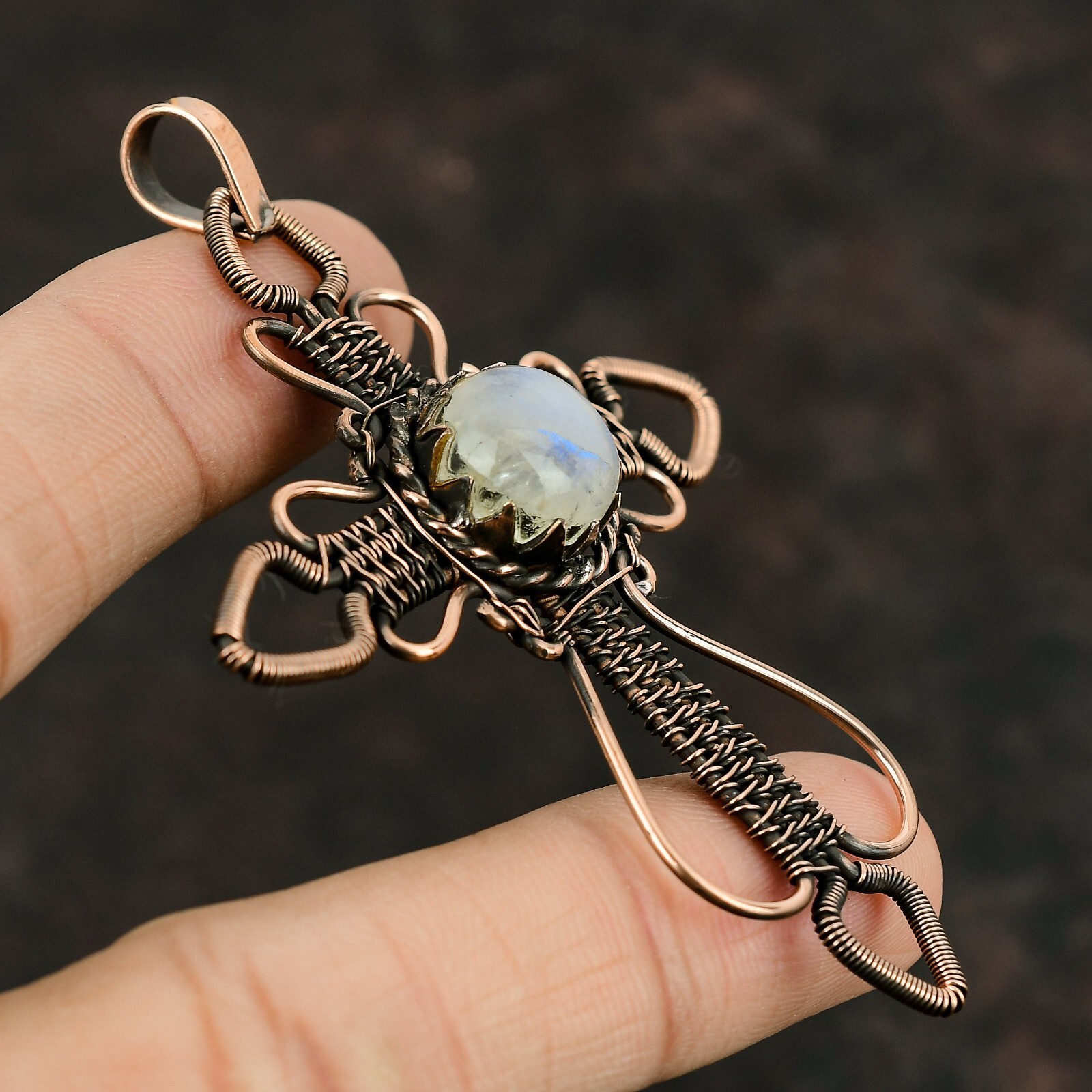 Rainbow Moonstone Copper Gift For Briedsmaid Wire Wrapped Cross Pendant 3.27″