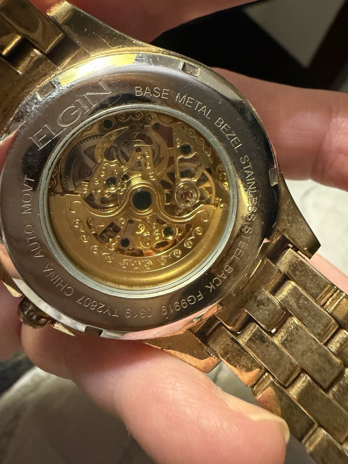 Elgin men’s Dress Mechanical Automatic Skeleton Dial Gold Bracelet Watch