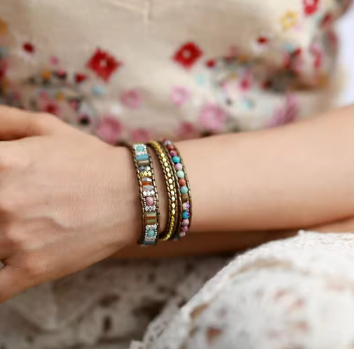 Natural Sea Sediment Jasper Leather Wrap Bracelet Handmade Beaded Cord Women’s