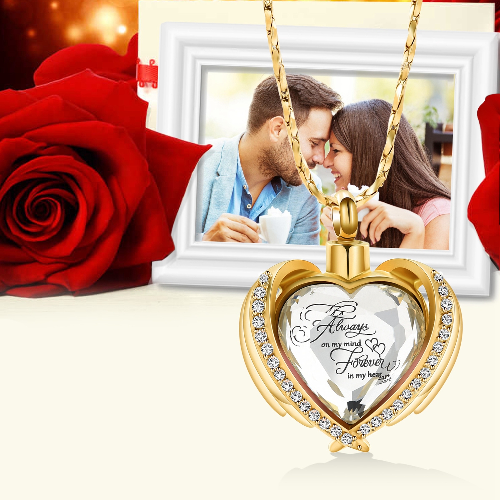 Angel Wings Cremation Jewelry for Ashes Pendant – Crystal Heart Ash Urn Necklace