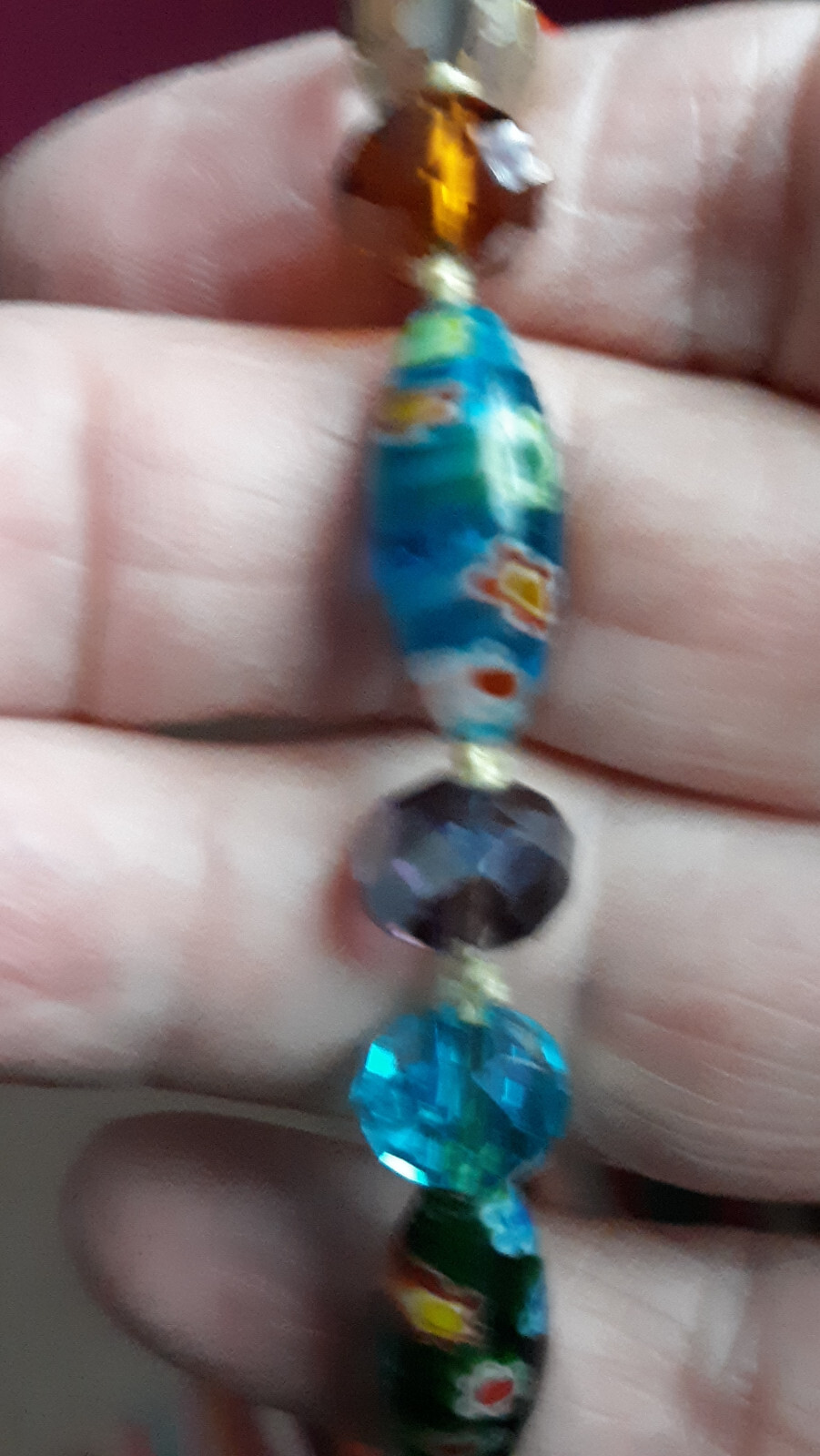 VTG Millefiori Style Art Glass Beads & Crystals Hand Knotted 25″ Stand Overhead