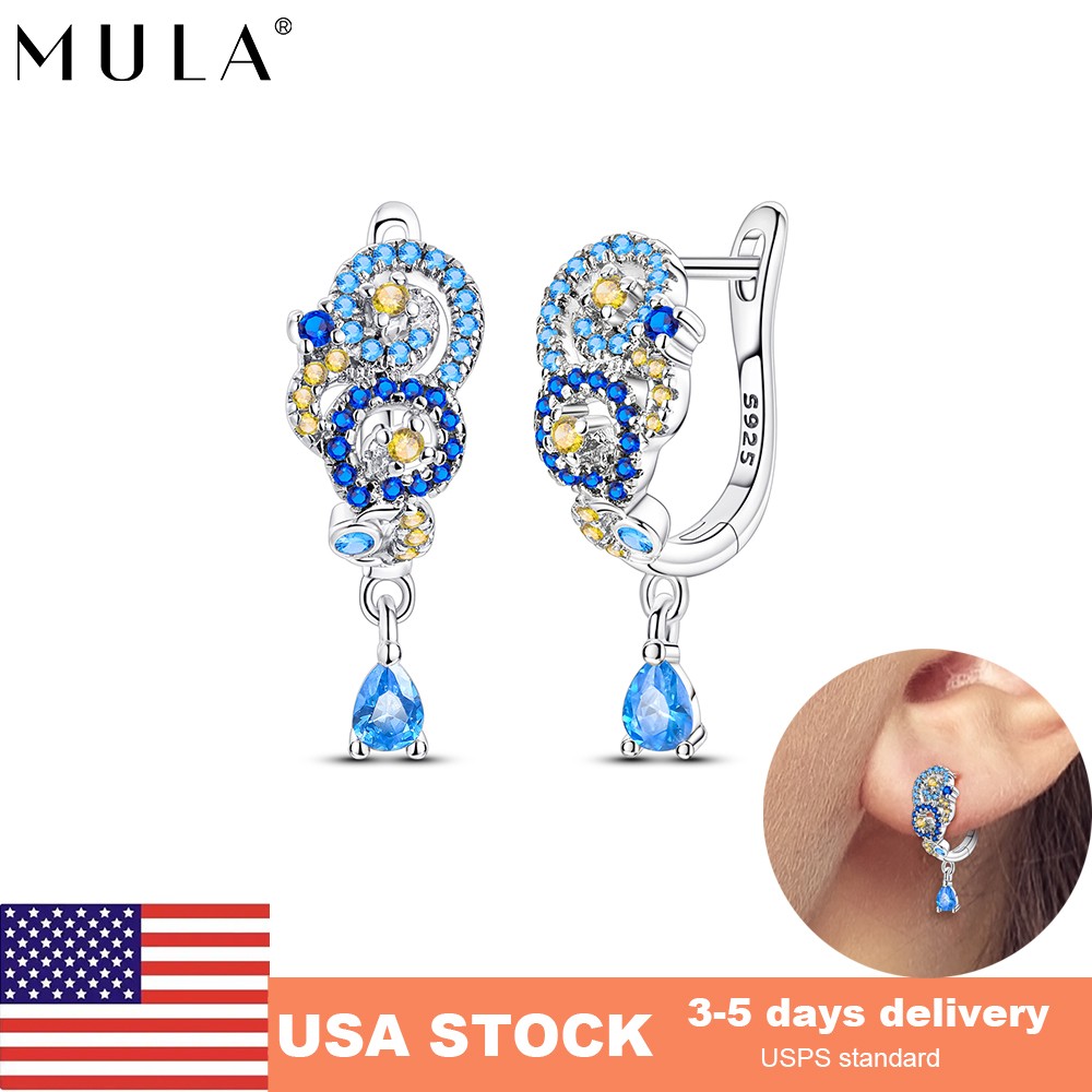 MULA European Women Blue Starry Sky Buckle Hoop Earrings 925 Silver Gift For Her