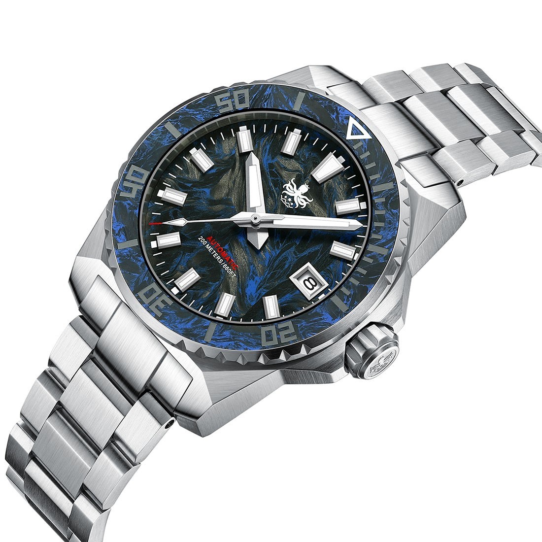 Phoibos LEVIATHAN 200M Steel Automatic Black Carbon Blue Diver Men’s Watch