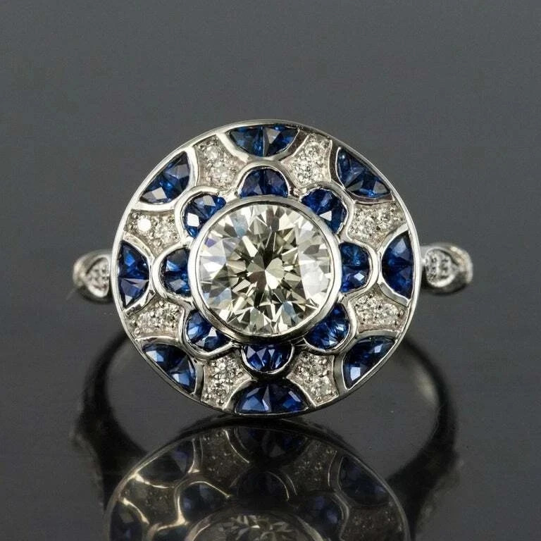 Timeless Art Deco Lab Created Diamond Floral Cluster Engagement 14K Gold FN Ring