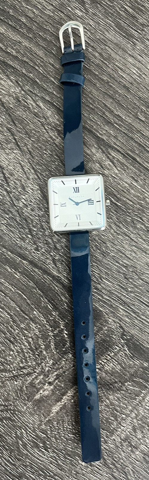 (28) NEW SILPADA T3193 Minutes Square Face Navy Blue Patent Leather Band Watch
