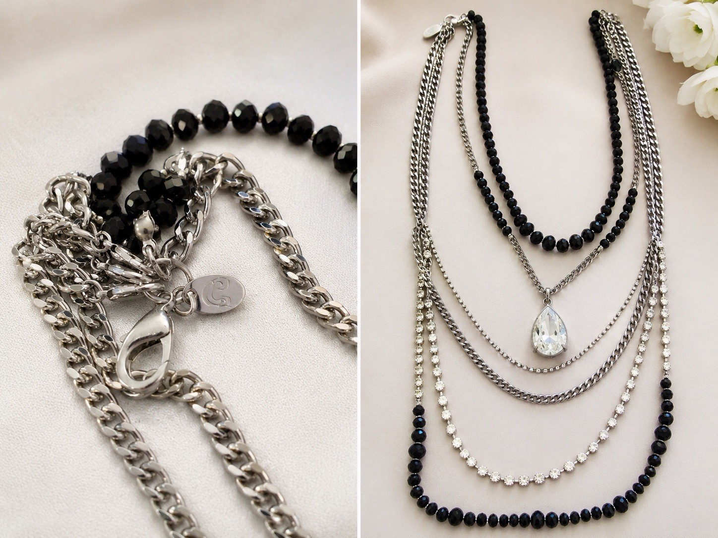 Charming Charlie Layered Multi Strand Necklace Black Faceted Beads Crystal Drop