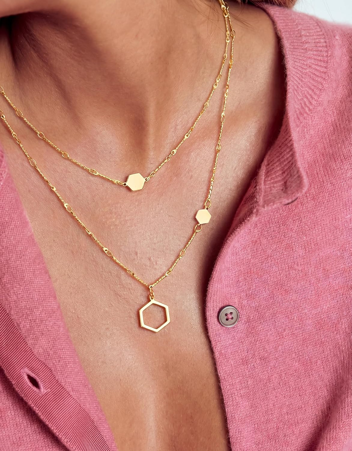 Honeycomb Layered Necklaces for Women Stackable, Dainty Layering Pendant Necklac