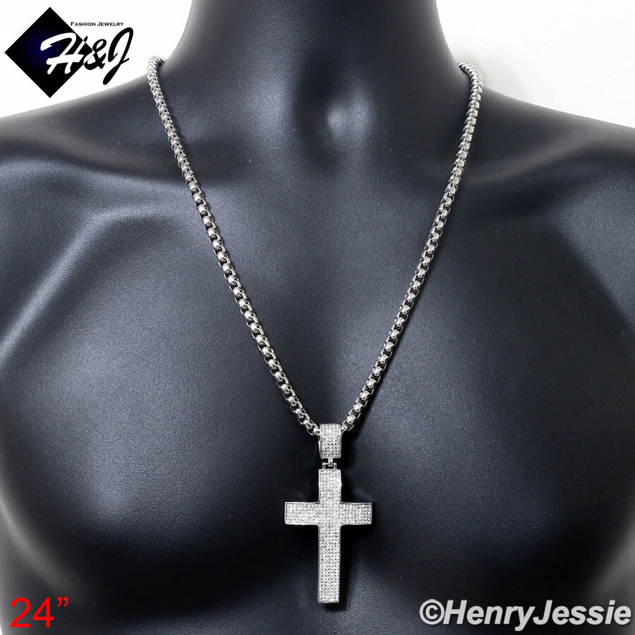 18″-40″MEN Stainless Steel 5mm Silver Box Link Chain ICY CZ Cross Pendant*IP21