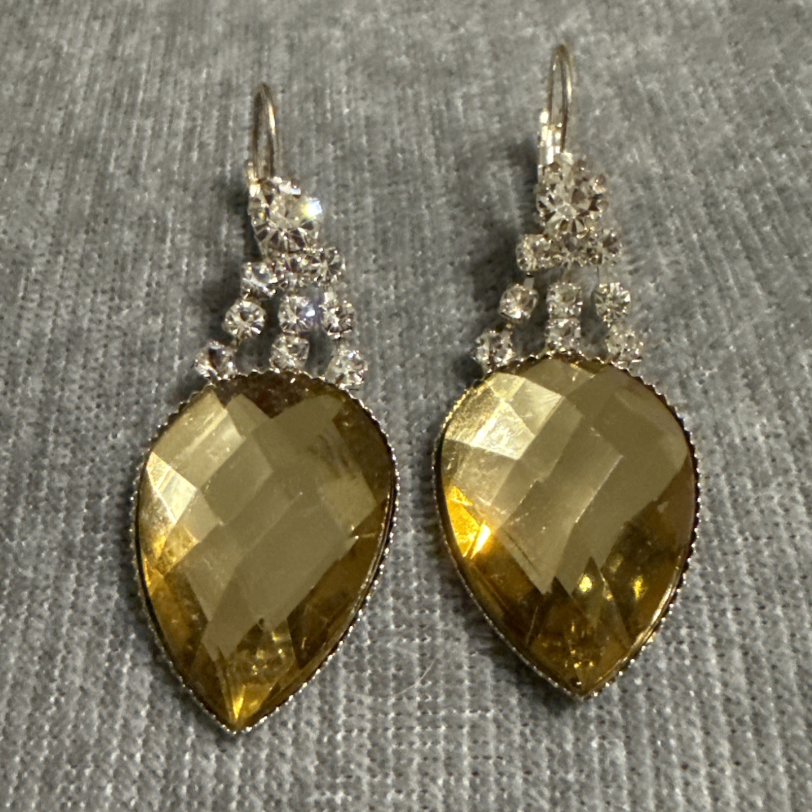 VTG Teardrop Earrings Faux Citrine Crystal Rhinestone Dangle Classic