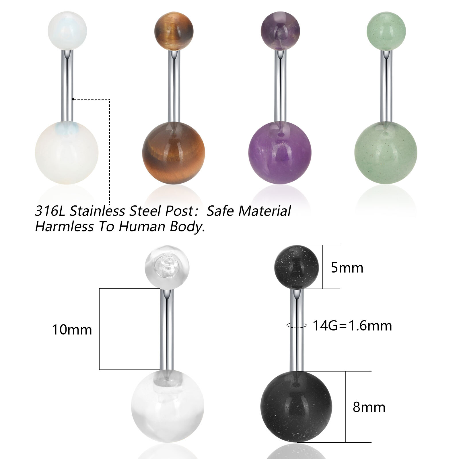 1PC 14G Surgical Steel Belly Button Ring Natural Stone Ball Navel Curved Barbell