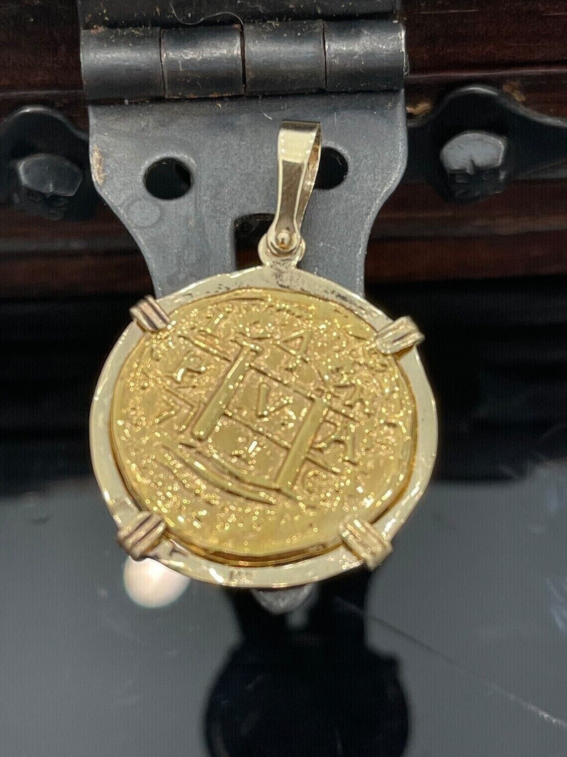 30″MM Atocha Coin Charm Pendant Without Stone 14K Yellow Gold Finish Silver