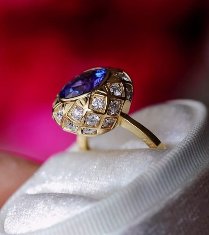 Women’s Flower Basket Ring Lab-Created Tanzanite &Diamond 14k Yellow Gold Plated