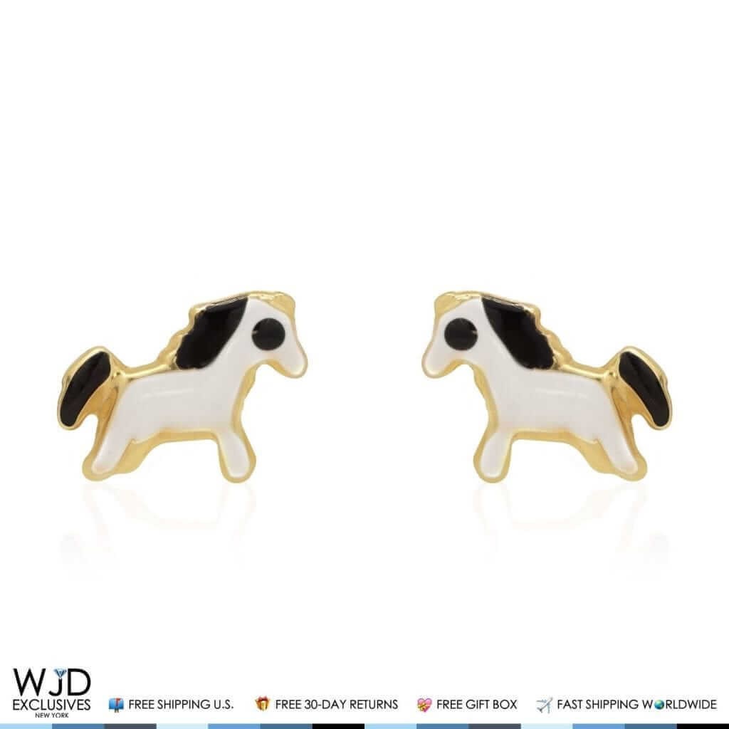 14K Solid Yellow Gold Black & White Enamel Horse Screwback Stud Kids Earrings