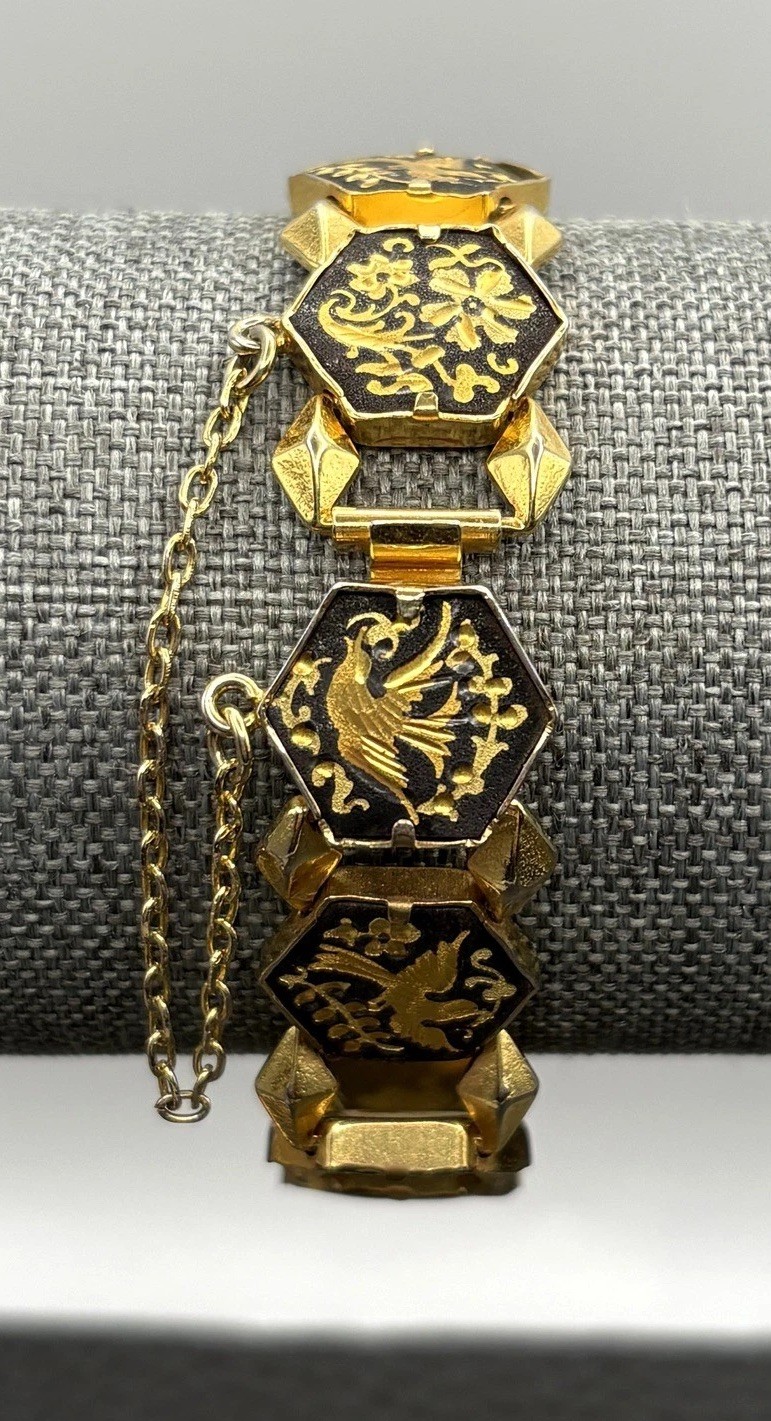 Vintage Damascene Gold Plated Hexagon Black Enamel Phoenix Bird Bracelet 7.25”