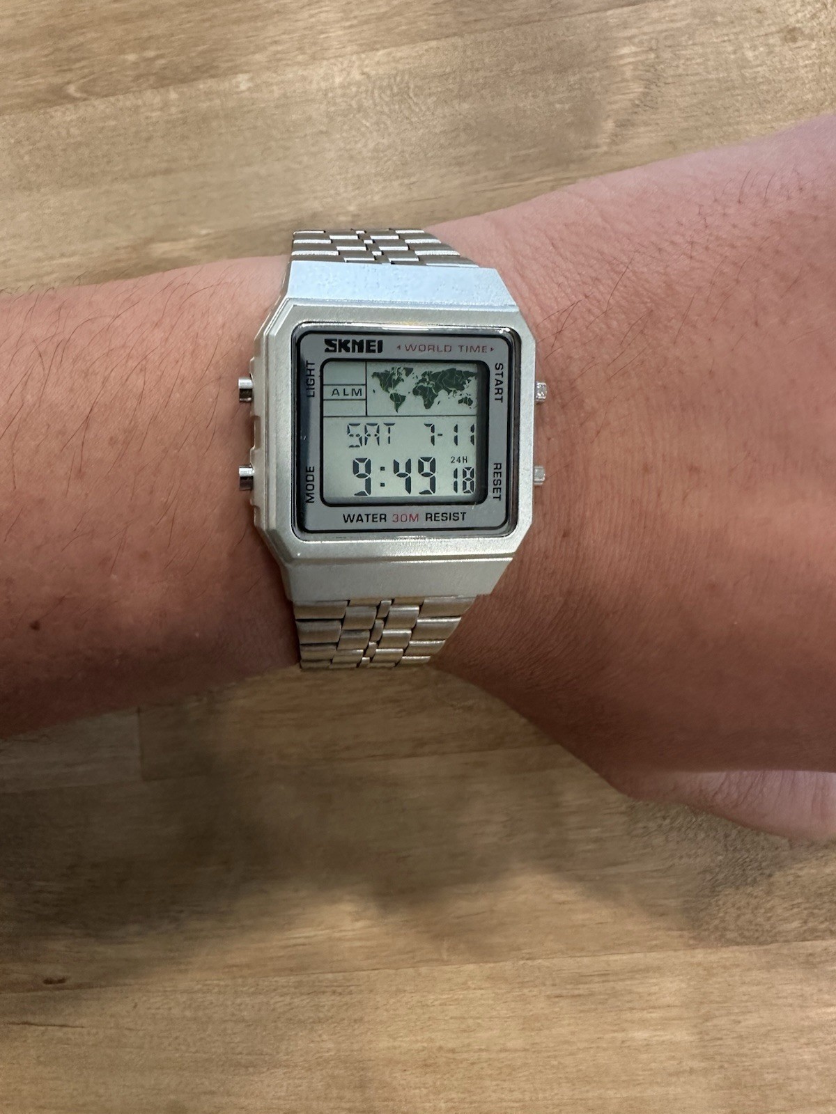 World Time Retro Vintage Style Digital Watch, Skmei– Silver Stainless Steel LCD