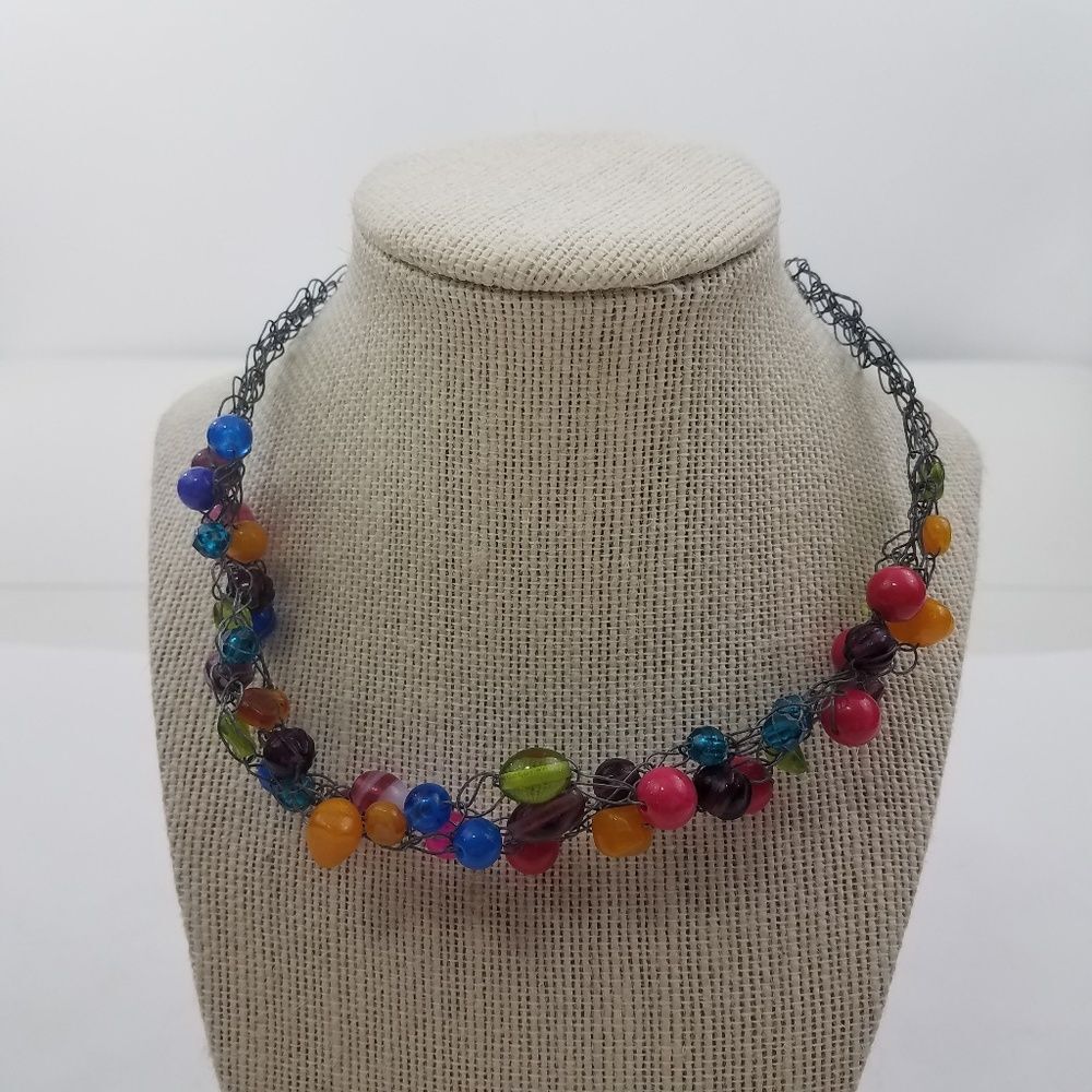 Wire Wrap Beaded Necklace Rainbow Blue 16 inch Pink Purple Green