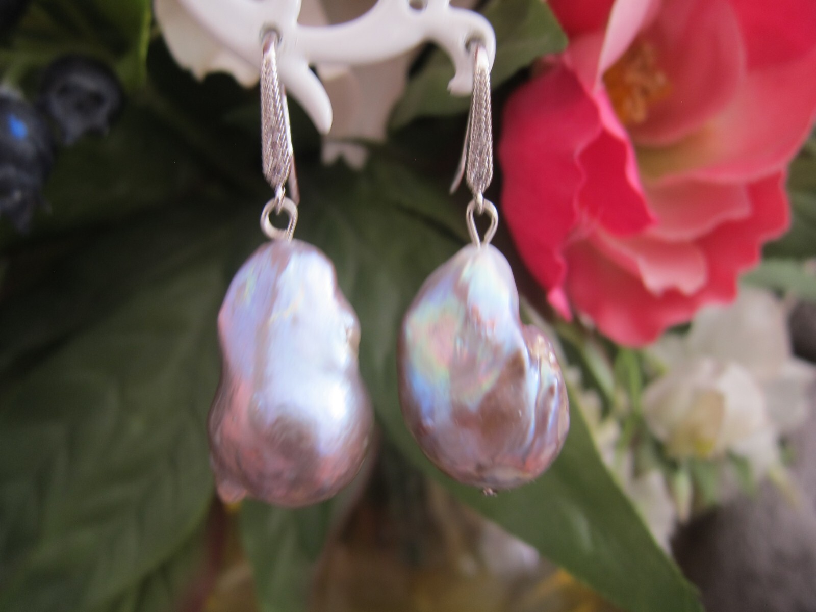 Huge Purple South Sea Keshi Reborn Pearl Drop Earrings on Silver Hoop 25 29mm.