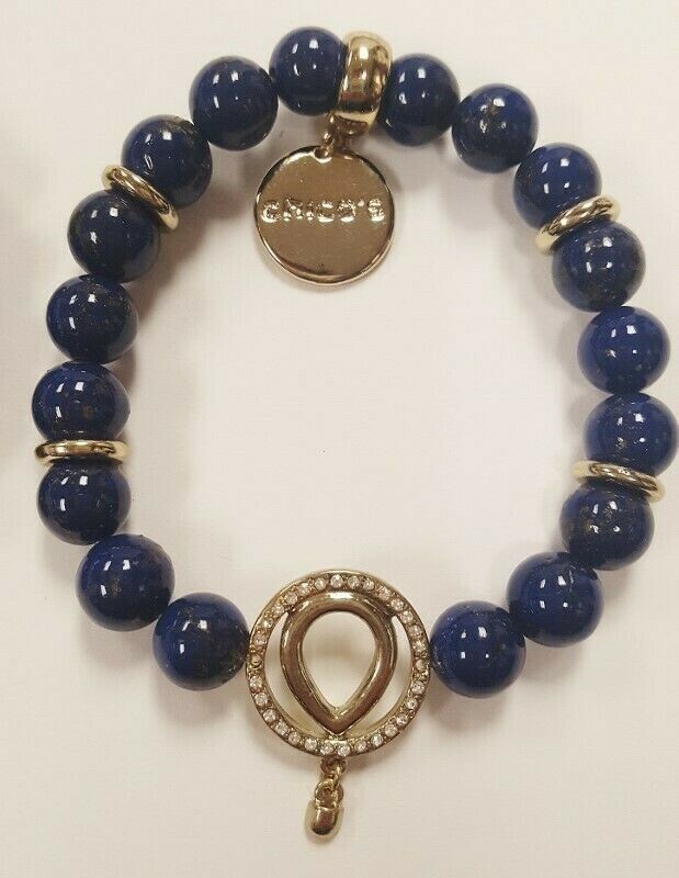 CHICO’S GOLD RHINESTONE ACCENT CIRCLE DESIGN NAVY BEADED STRETCH BRACELET V222