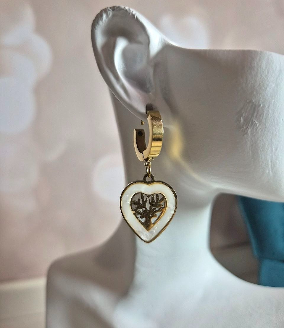 Earrings Heart Shape Life Tree Plating Inlay Shell 18K Gold Plated