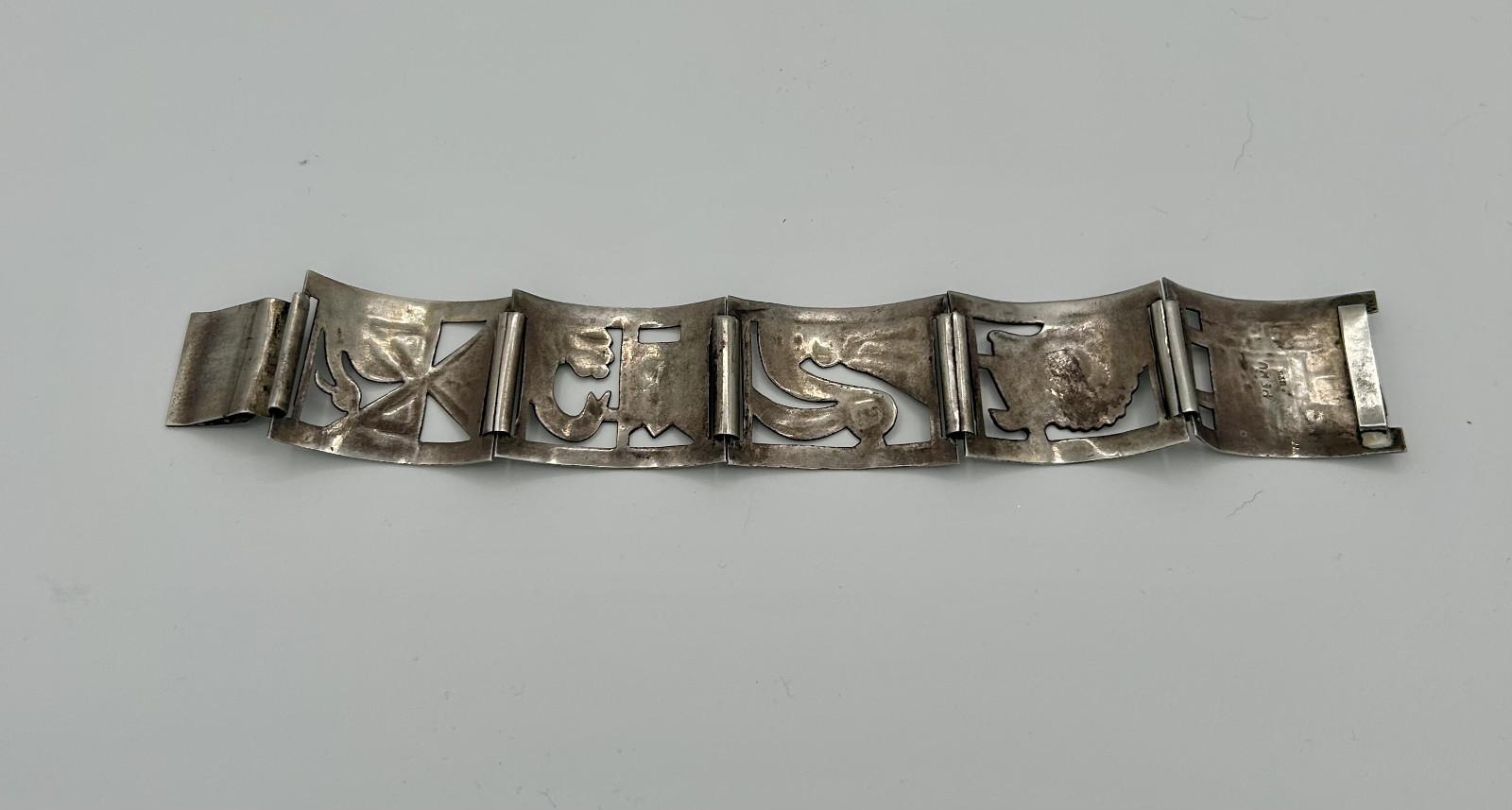 Vintage Peruvian Aztec Inca Silver Panel Bracelet 1960s
