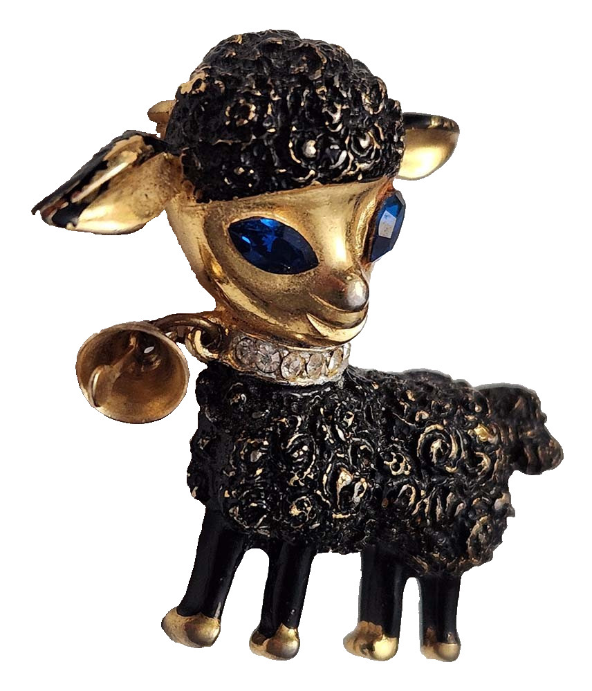 R. MANDLE Brooch Vintage Signed BLACK SHEEP Lamb BELL Rhinestones Pin
