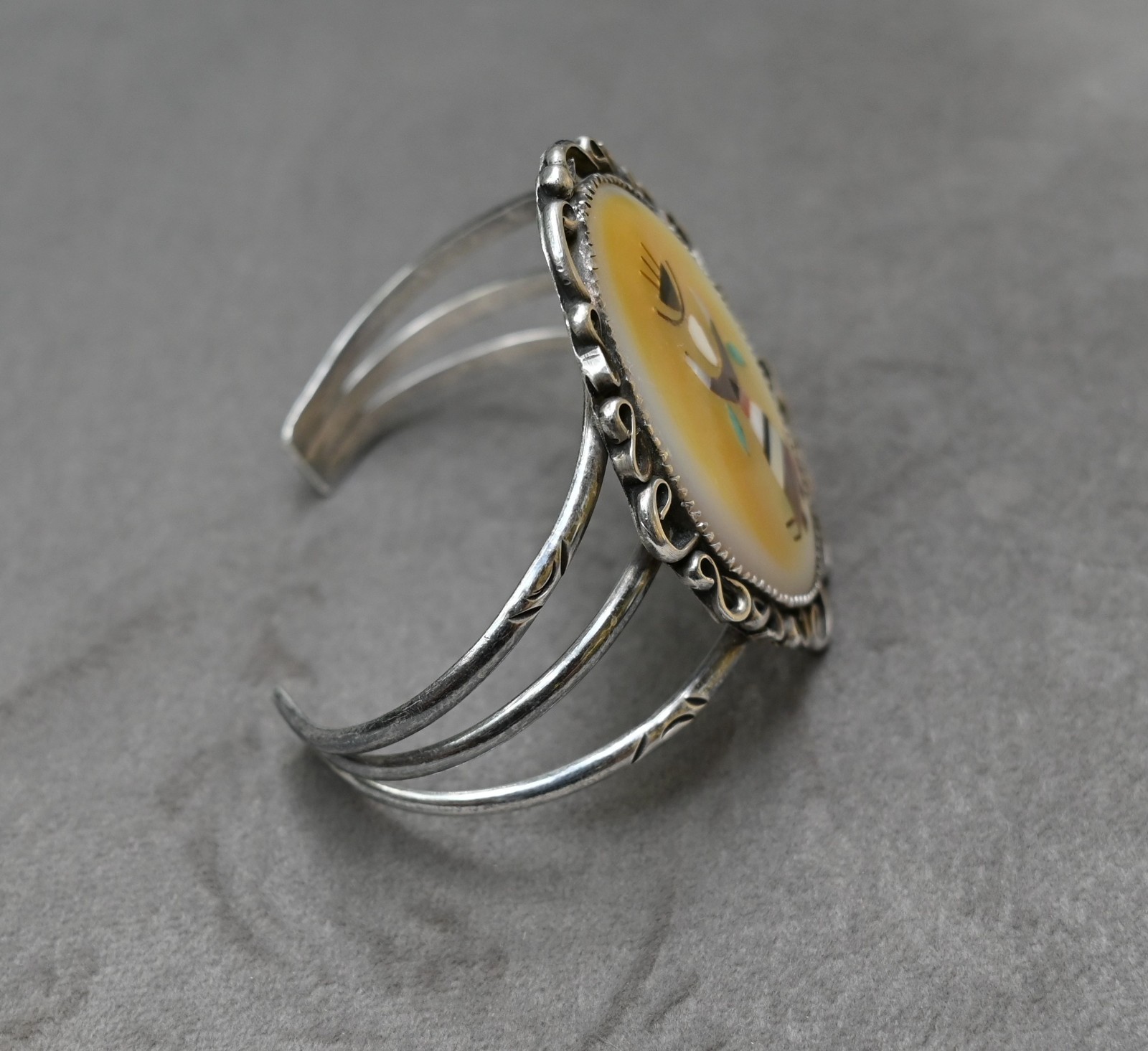 Tewa Pueblo Ga’an Dancer by Feline Naranjo Sterling & Gemstone 37 grm 6 3/4″ fit