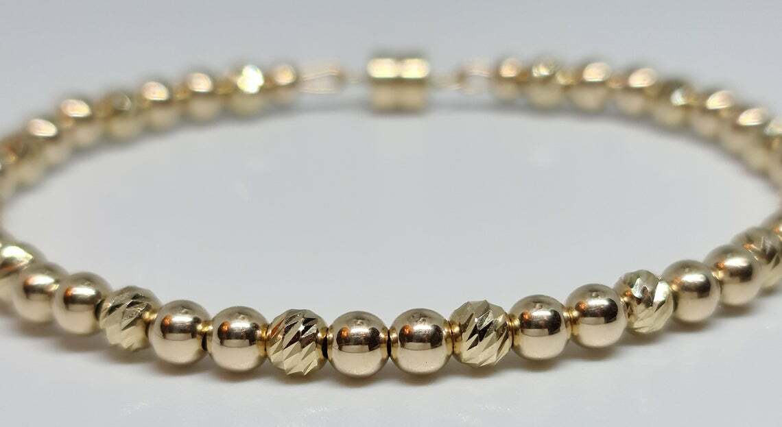 14K Solid Yellow Gold Bar Cut Faceted/Smooth Round 4mm Magnetic Unisex Bracelet